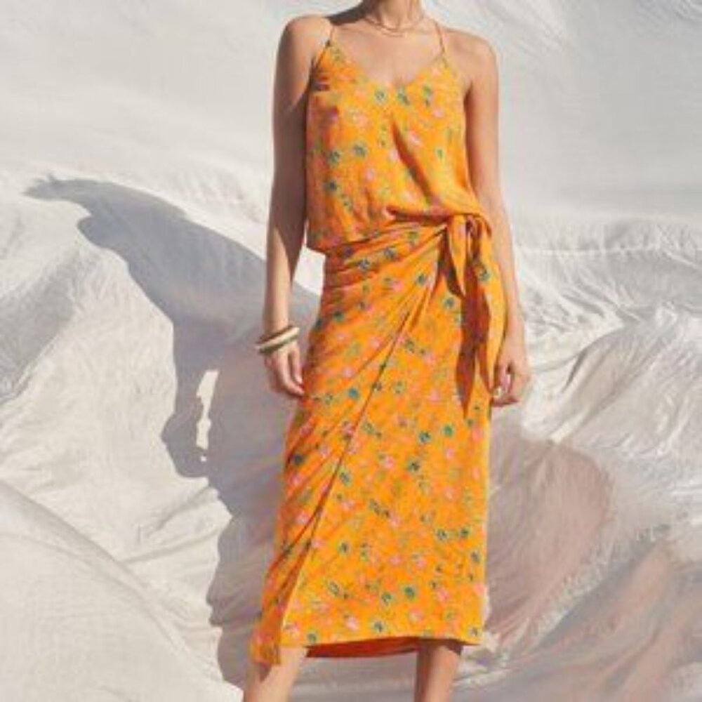 Anthropologie Orange Floral Slip Dress with Tie Waist
